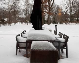 RH Cast Aluminum Outdoor Dining Table - 2 Available. RH Umbrella & Stand - 2 Available. Pictured with RH Provence-Style Bucket Chairs (Set of 4) and 12 RH Cast Aluminum Dining Chairs with Woven Fiber Backs (Some are Damaged). Photo 5 of 6. 