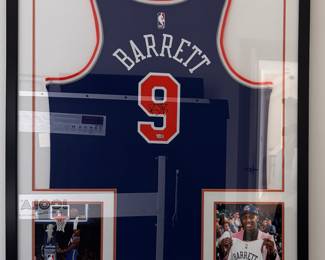 Framed & Autographed R J Barrett New York Nicks Jersey with Photos.