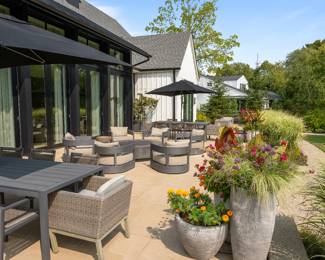 RH Cast Aluminum Outdoor Dining Table - 2 Available. RH Umbrella & Stand - 2 Available. Pictured with RH Provence-Style Bucket Chairs (Set of 4) and 12 RH Cast Aluminum Dining Chairs with Woven Fiber Backs (Some are Damaged). Photo 2 of 6. 