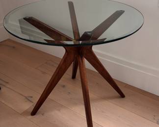 "Jax" Walnut & Glass Side Table In Style of Adrian Pearsall. Measures 24" D x 20" H. Photo 1 of 3. 