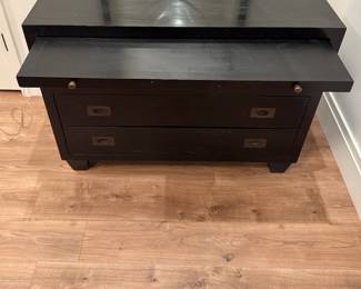 Ebonized Wood Campaign Style Two-Drawer Chest with Hidden Pull Out Drawer and Brass Pulls. Measures 40" W x 20" D x 30.5" H. Photo 2 of 4. 