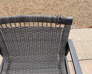 RH Cast Aluminum Outdoor Dining Table - 1 Available. Measures 94" L x 39." Pictured with Black Umbrella & Stand - 2 Available. Pictured with RH Provence-Style Bucket Chairs (Set of 4) and 12 RH Cast Aluminum Dining Chairs with Woven Fiber Backs (3 are Damaged).  Photo 4 of 6. 