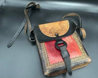 Vintage Hard Shell Tooled Leather Crossbody Purse With Aztec Graphic