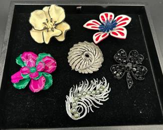 Six Vintage Broaches Featuring Sarah Coventry Feather Fantasy Broach And BSK Swirl Broach