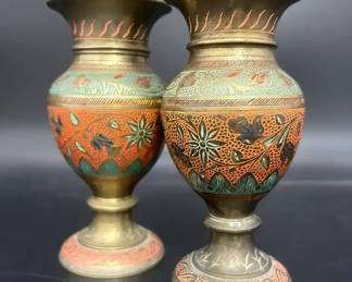 Pair Of Brass Floral Etched Vases From India