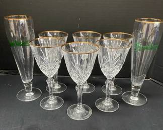 Six Cristal de Flandre Gold Rim WineWater Glasses Pilsner Urquell Beer Glasses
