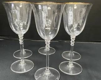 Six Gold Rimmed Crystal Wine Glasses