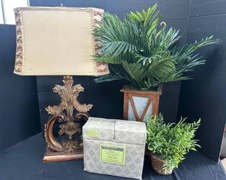 Table Lamp King Sheet Set And Faux Plants