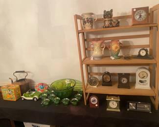 Vintage Lunch Box, Nylint car, Moser green punch bowl with ladle and 8 cups. Hull, Roseville, vintage clocks.