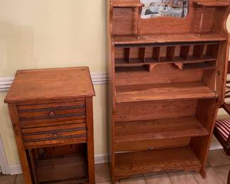 Oak cabinet and large oak bookcase.