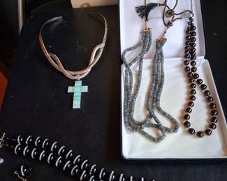STERLING FANCY DOG COLLAR WITH BEAUTIFUL CROSS, LABRADORITE MULTI STRAND NECKLACE, BLACK BEADED NECKLACE WITH OPAL SPACER BEADS.