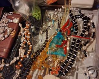 Amber, coral, pearl and awesome black beads with rhinestones and large flower pendant