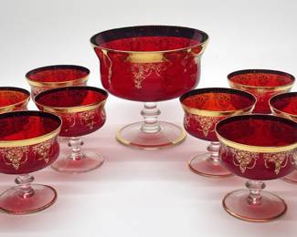 Murano Glass Ruby/Gold 1950's Hand Blown Trifle Set