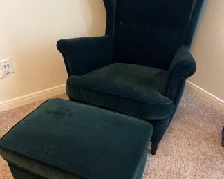 Dark Green Velvet IKEA Wingback Armchair with Ottoman