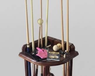 Five Pool Cues in Wooden Stand with Rack