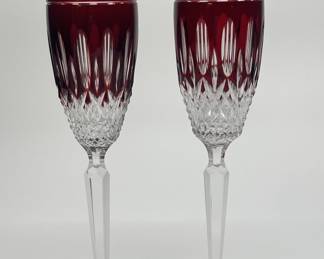 Two Waterford Clarendon Ruby Red Champagne Flutes