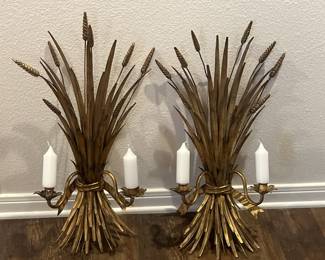 Pair of Gilded Metal Hollywood Regency Wheat