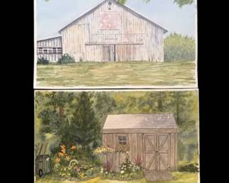 a16.5 x12.5  Barn  Shed Landscape Watercolor Paintings