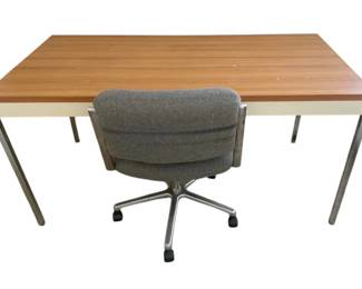 Large Metal Desk With Wood Grain Top Grey Swivel Chair 