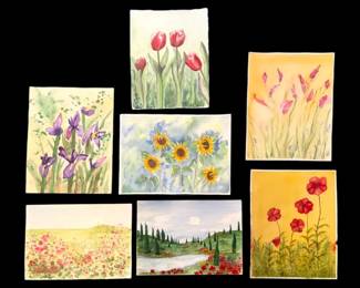 Sevenpc Natural Floral Landscape Watercolor Paintings