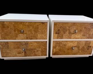 002 Retro Mid Century Nightstands With Faux Burl Wood Chrome Pulls