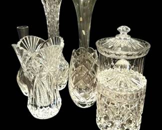 Seven Crystal Vases And Lidded Jars