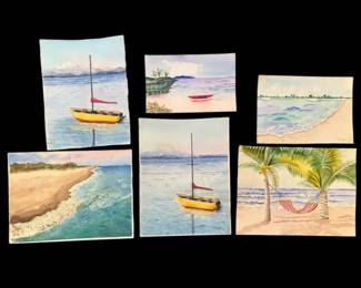 Sixpc Coastal Beach Watercolor Paintings