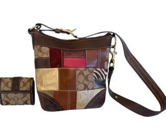 COACH Vintage Signature Leather Suede Crossbody w Signature Canvas Wallet Set