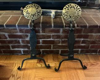 Antique brass medallion andirons.