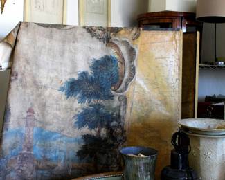 Foldable room separator with map of the world on it. And beautiful hangong painted piece to bring a little drama into any space 