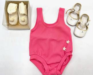 Vintage Newborn Baby Swim Suit, New In Box Newborn Booties & Pair Baby Shoes Size 2
Lot #: 130