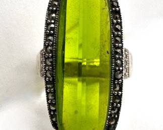 Vintage Sterling Silver Marcasite Ring With Green Glass Stone, Size 8
Lot #: 53