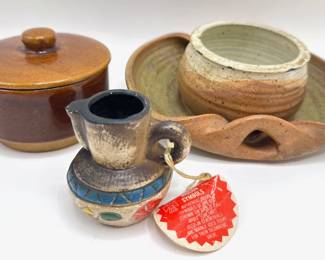 Vintage Hand Made Ceramic Chip & Dip Bowl, 3 Piece Berry Bowl & Native American Mini Pitcher With Symbols
Lot #: 114