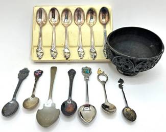 Set 6 Vintage Sterling Silver Spoons From Norway, Steamer Sterling Spoon, Souvenir Spoons & Bowl
Lot #: 115