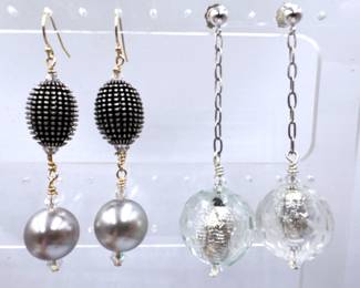 2 Pairs Artisan Earrings Up-cycled From Designer Necklaces: Gun Metal, Faux Pearl & Lucite
Lot #: 77