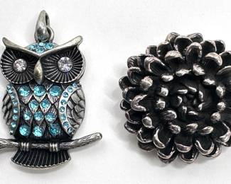 2 Pendants: Sterling Silver Chrysanthemum Flower & Rhinestone Owl
Lot #: 79