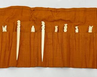 Set 12 Vintage Carved Bone Hors D'oeuvres Or Cocktail Picks In Silk Pouch
Lot #: 113