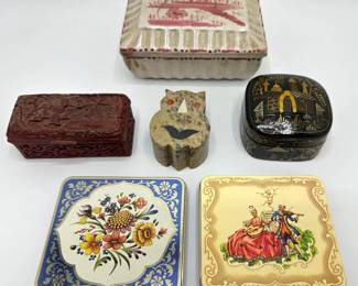 Vintage Italian Covered Box, Chinese Cinnabar Lacquer Box, Stone Owl, Japanese Black Lacquer Box & 2 Tins
Lot #: 108