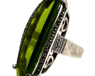 Vintage Sterling Silver Marcasite Ring With Green Glass Stone, Size 8
Lot #: 53