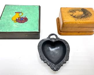 Vintage German Cloisonne Enameled Metal Trinket Box, Heart Shaped Mini Bowl & Wood Box
Lot #: 107