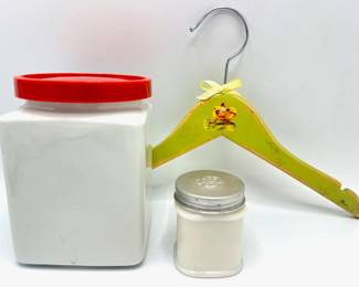 Vintage Arabia Porcelain Covered Canister, Ponds Cold Cream Milk Glass Jar & Hand Painted Wooden Hanger
Lot #: 104