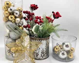 Christmas Ornaments In Plastic Vases & Faux Holly Plant In Tin Christmas Planter
Lot #: 84