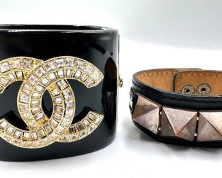 Vintage 1980s Studded Leather Bracelet & Chanel Branded Rhinestone Cuff Bracelet
Lot #: 87