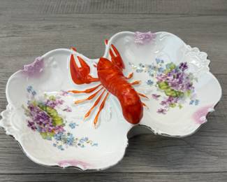 VINTAGE DIVIDED SERVING DISH W LOBSTER HANDLE #vintage #servingdish #lobster #dividedservingdish #dishwithhandle