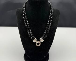 Black Bead Double-Strand Necklace with Silver-Tone Horsebit Pendant