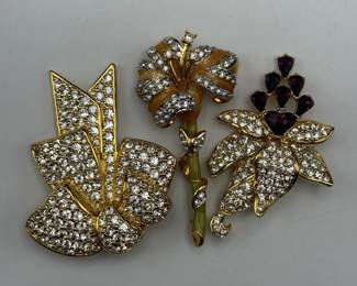 Nolan Miller Costume Jewelry Lot – 3 Brooches & 1 Pair of Earrings (4 Pieces Total)