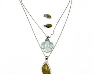 Sterling Silver Necklace & Earring Set with Green and Aqua Gemstones