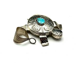 Extra Large Sterling Silver Turtle Pendant / Brooch + Modernist Sterling Pendant