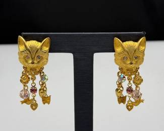 Kirk’s Folly Cat Head Dangle Earrings with Crystal Charms