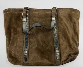 Coach Brown Suede Tote with Woven Metallic Strap Accents